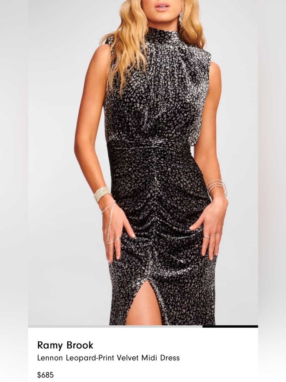Ramy Brook Black and Silver Leopard Ruched Midi Dress - Picture 1 of 5